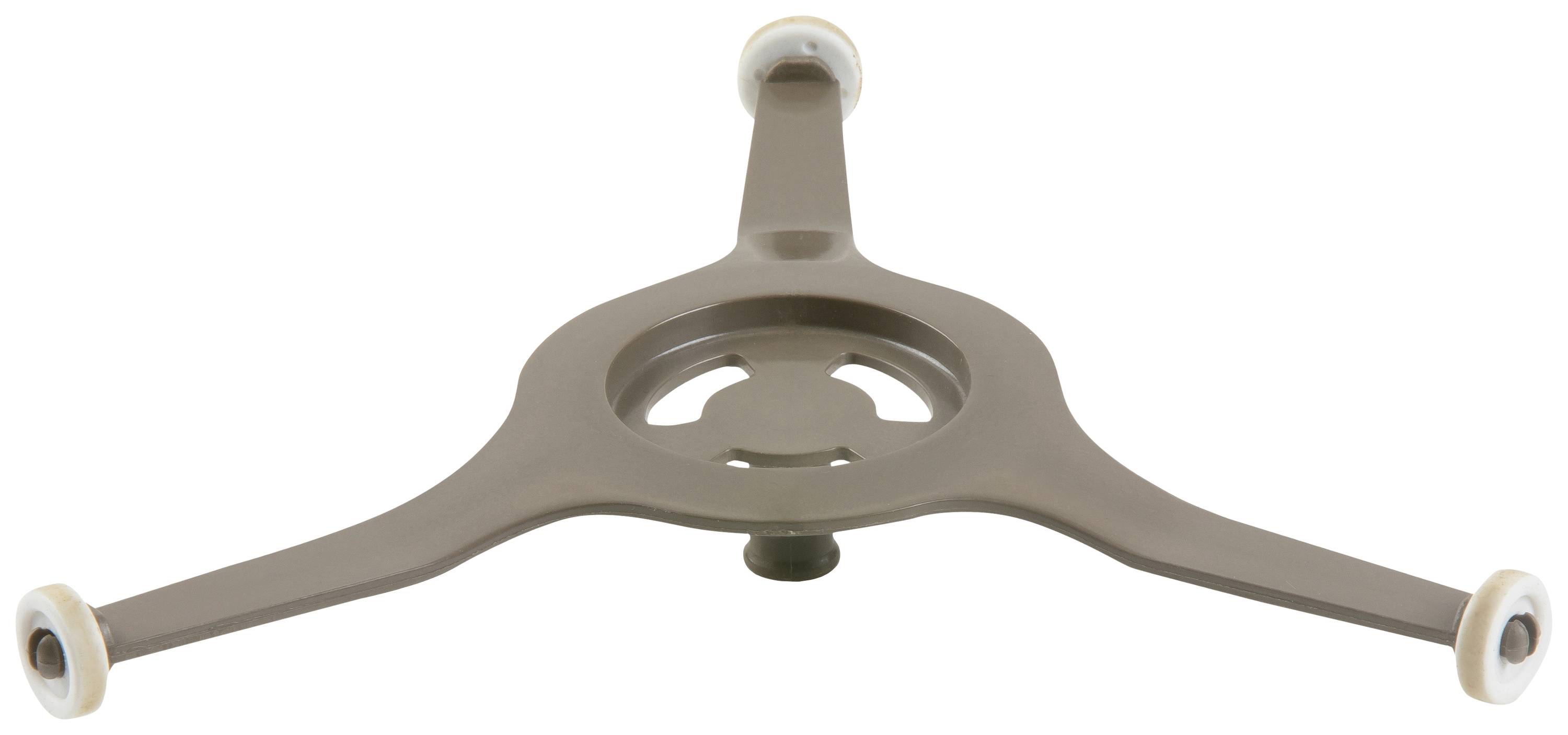 Brown plastic turntable rotary ring with three arms, each ending with a white wheel. Components of a microwave turntable.