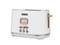 White retro toaster with copper-coloured details. Displays toast shade indicator and three control buttons: Reheat, Cancel, Defrost.