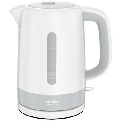 A white electric kettle with a grey handle and water level indicator.