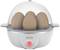 An electric egg cooker with a transparent lid and space for six eggs standing close together, situated on a grey base.