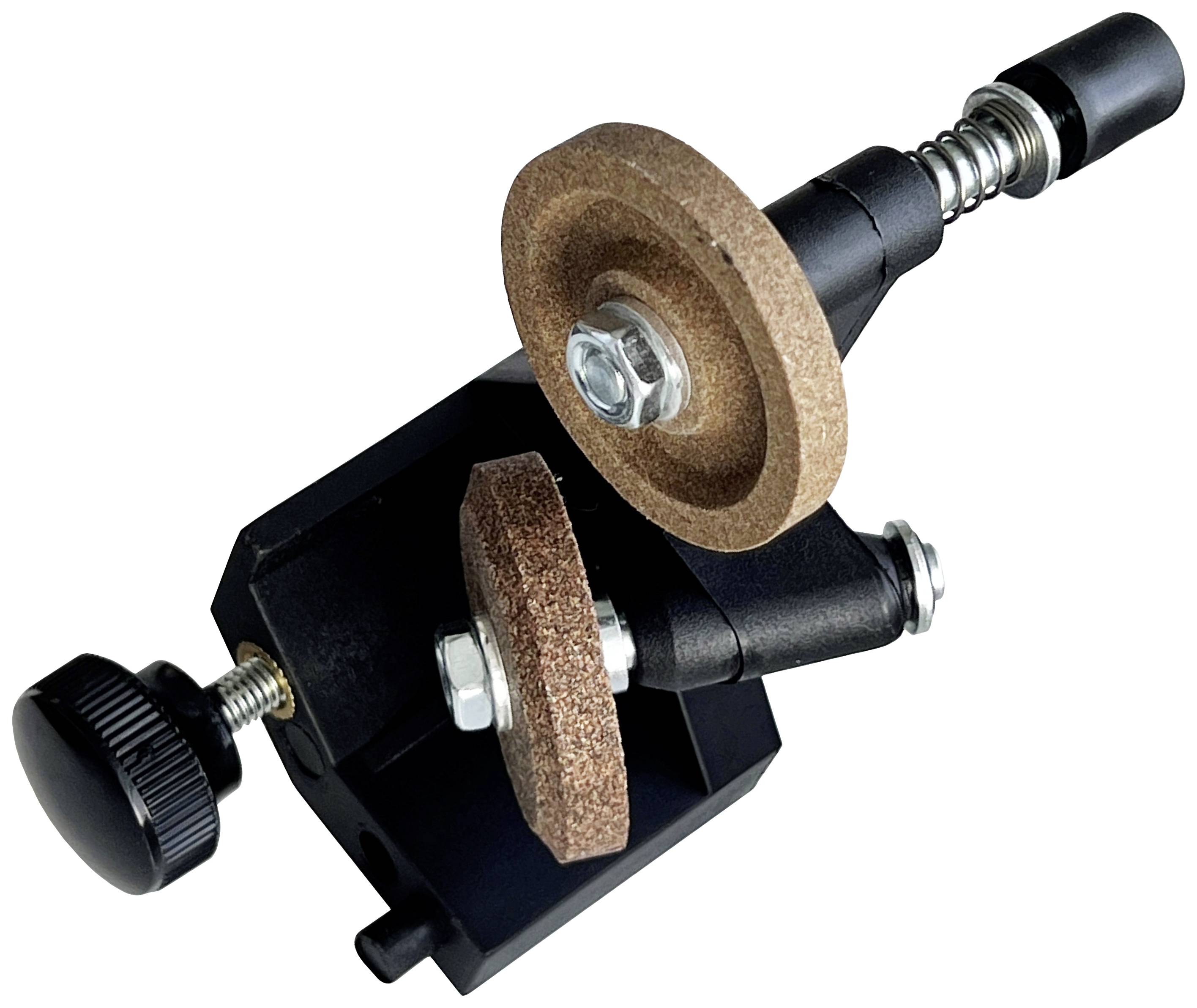 A tool with rotating grinding wheels, mounted on an adjustable stand, suitable for sharpening knives or tools.