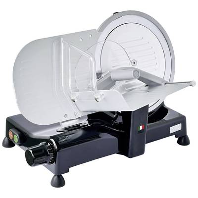 'Metal slicing machine with a circular, serrated blade and transparent guard. Equipped with a rotary dial and coloured control buttons.'