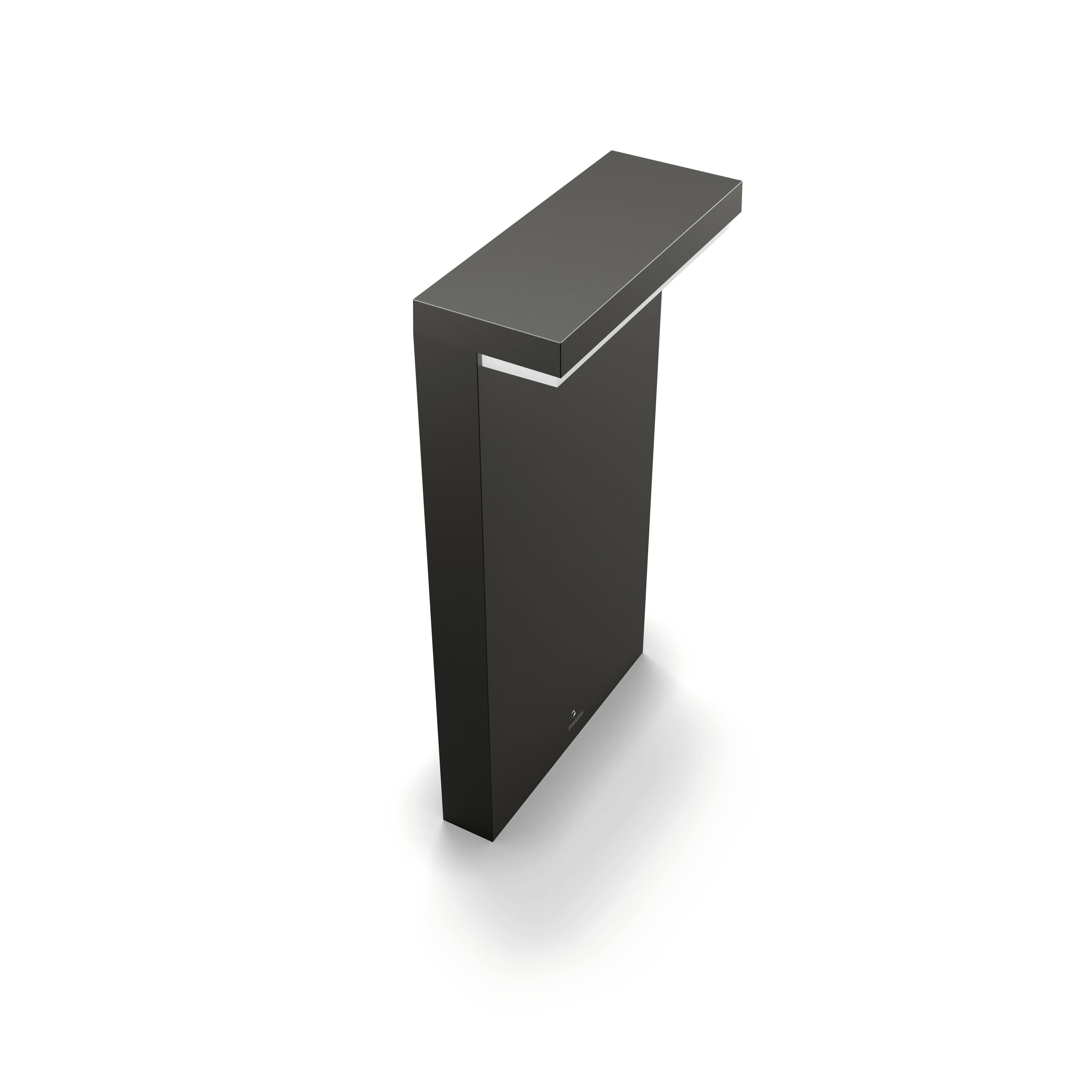 A modern, black plinth or table, designed in a rectangular shape.