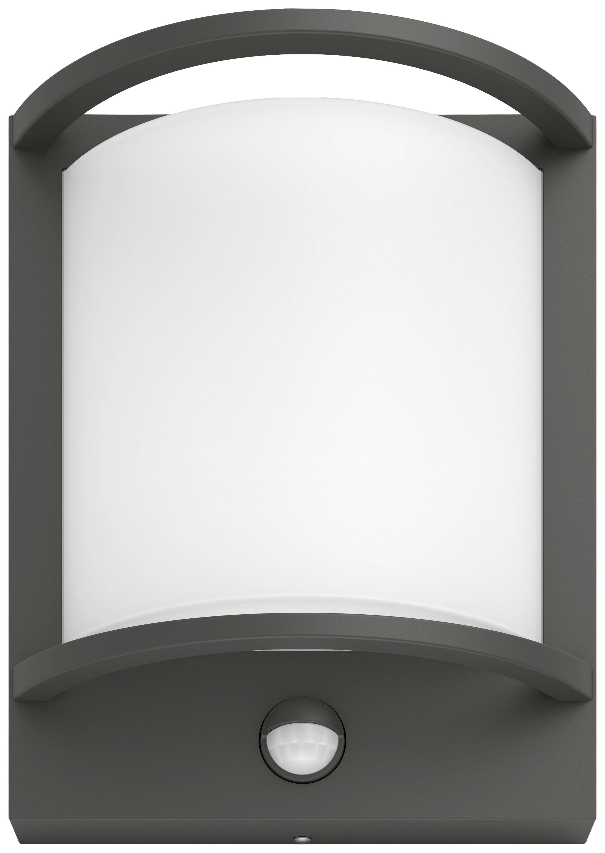 Wall light with a frosted white glass cylinder, black frame and integrated motion sensor at the bottom.