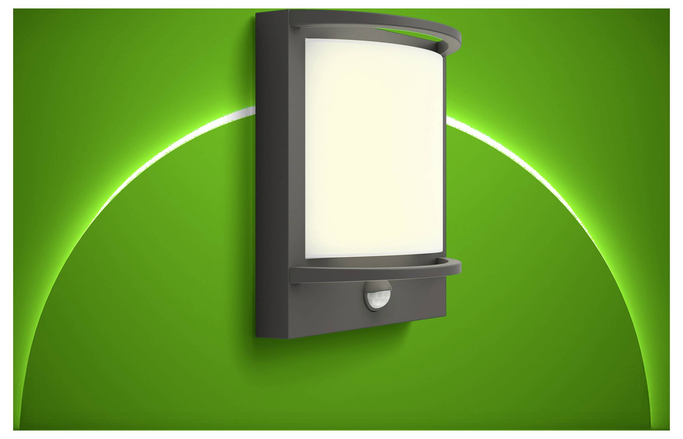 Wall-mounted outdoor light fixture with frosted white panel on a green background.<br>