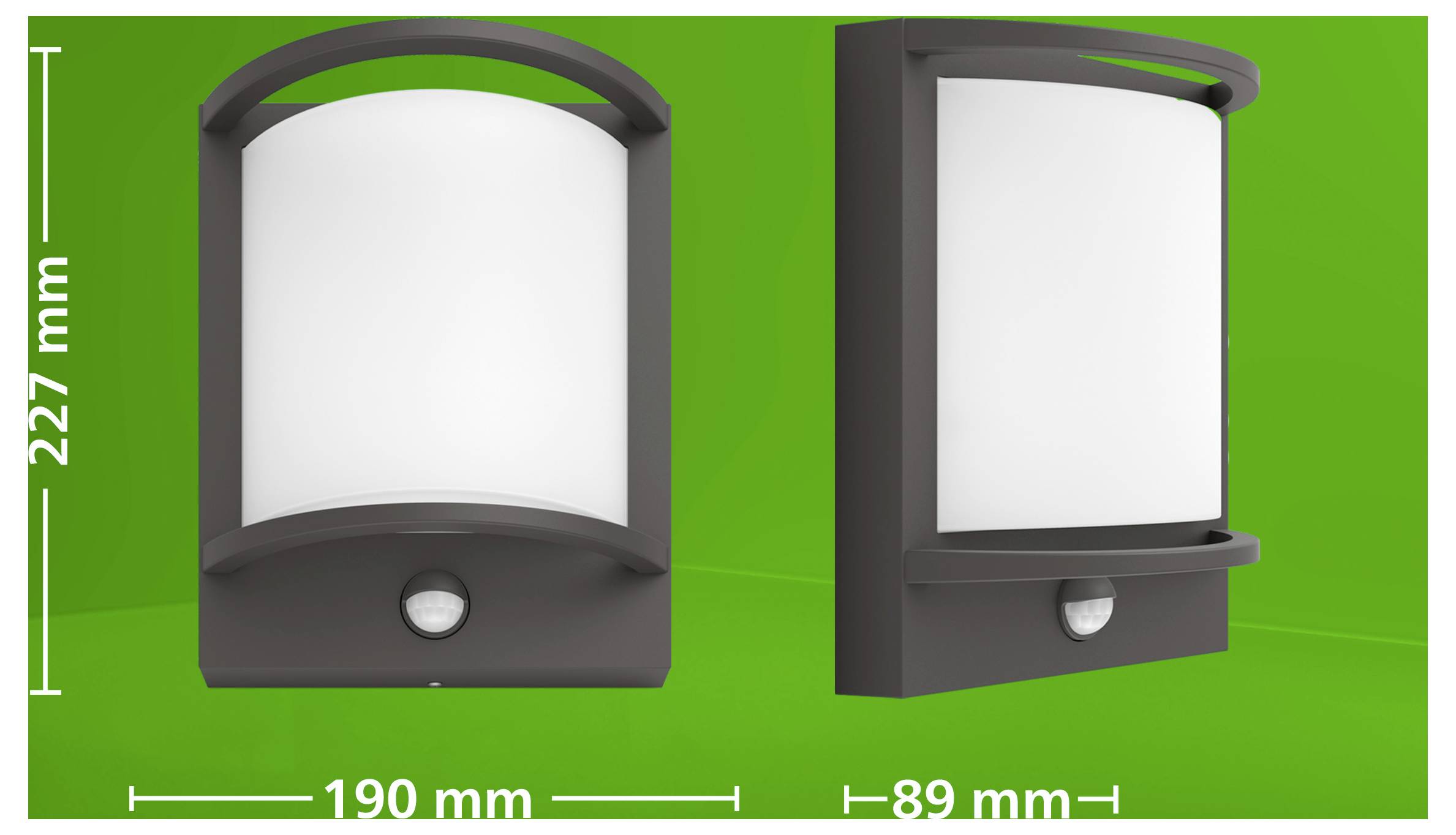 Product diagram of a wall light shown front and side, with dimensions labeled 227 mm high, 190 mm wide, and 89 mm deep.<br>