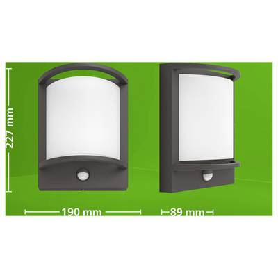 Product diagram of a wall light shown front and side, with dimensions labeled 227 mm high, 190 mm wide, and 89 mm deep.<br>