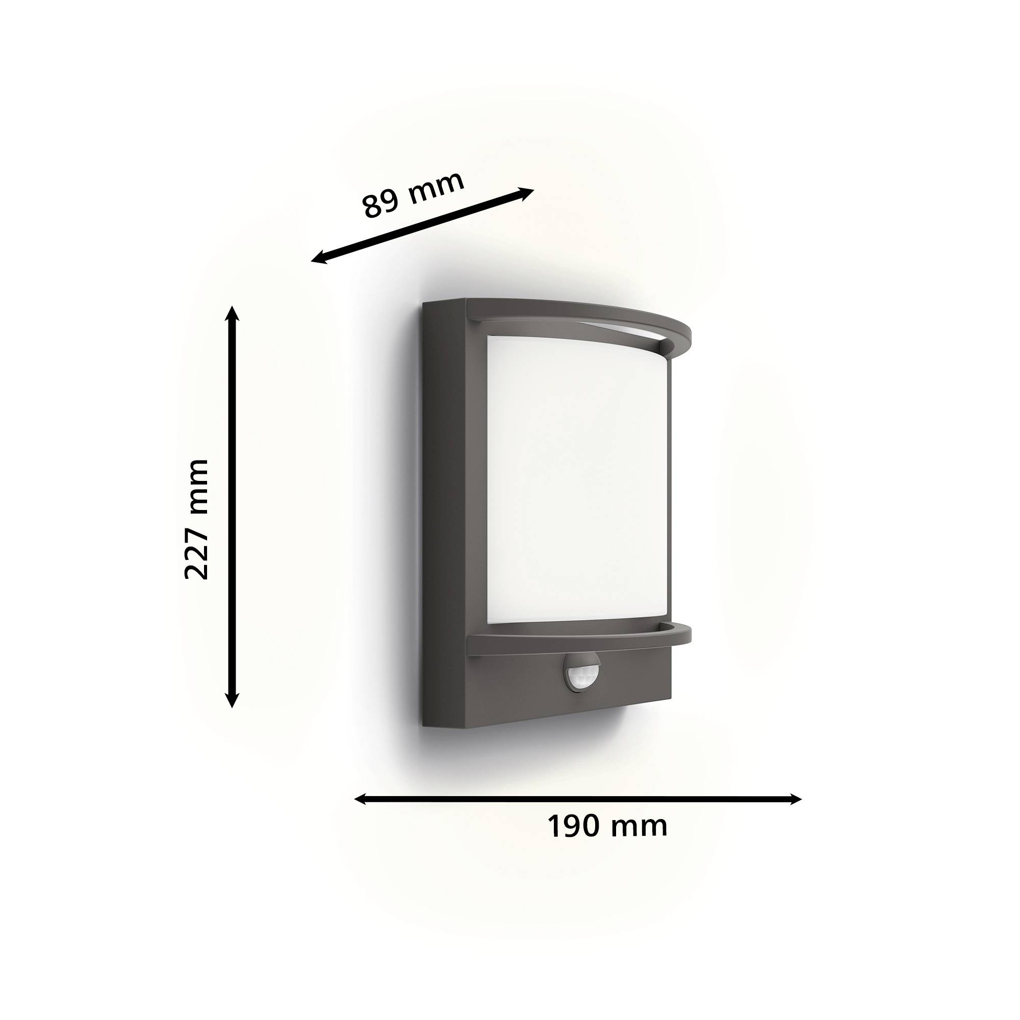 Wall light made of black plastic, measuring 227 mm in height, 190 mm in width, and 89 mm in depth.