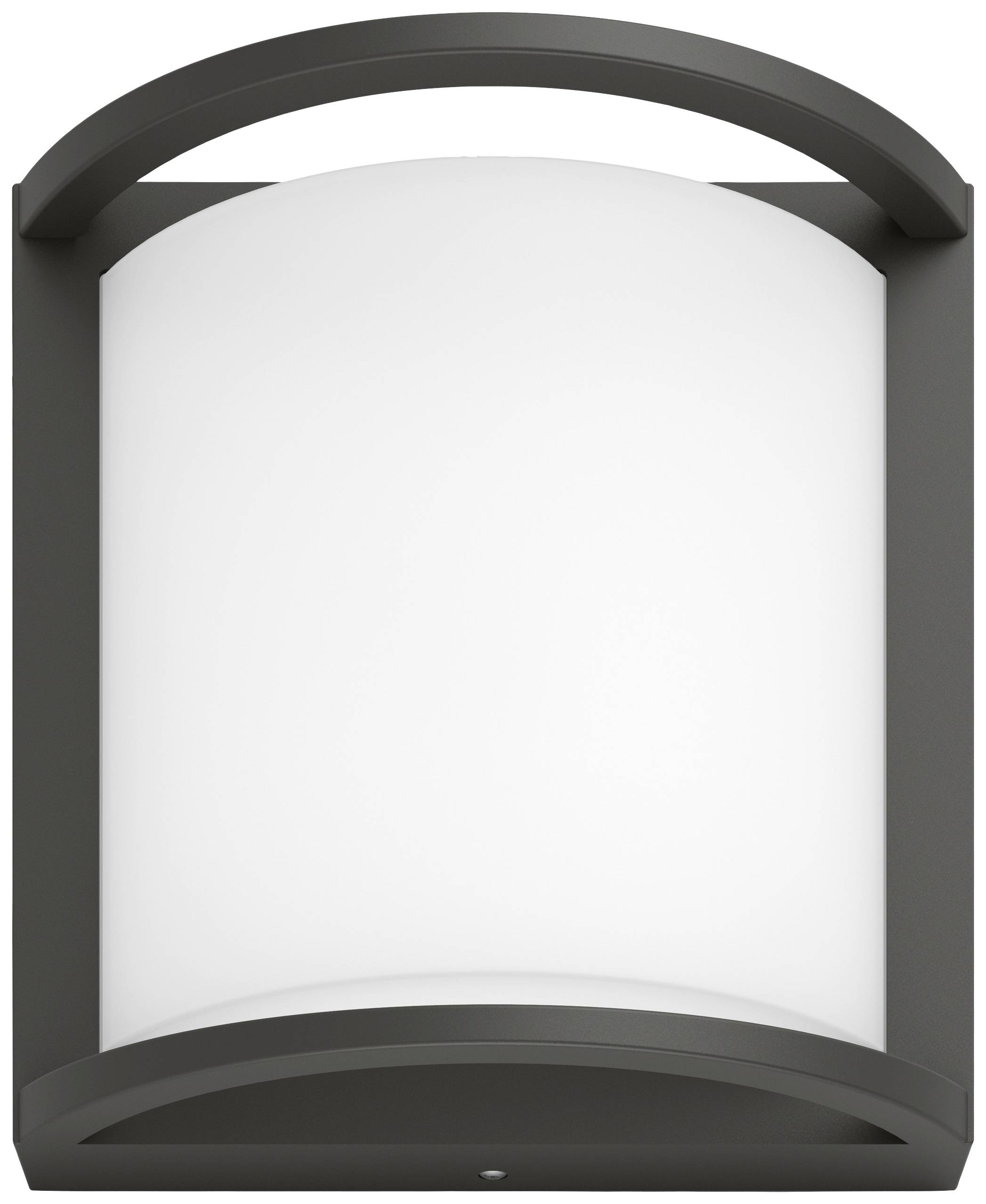 Outside wall light with a curved, black frame, frontal view. Emits indirect, uniform light.