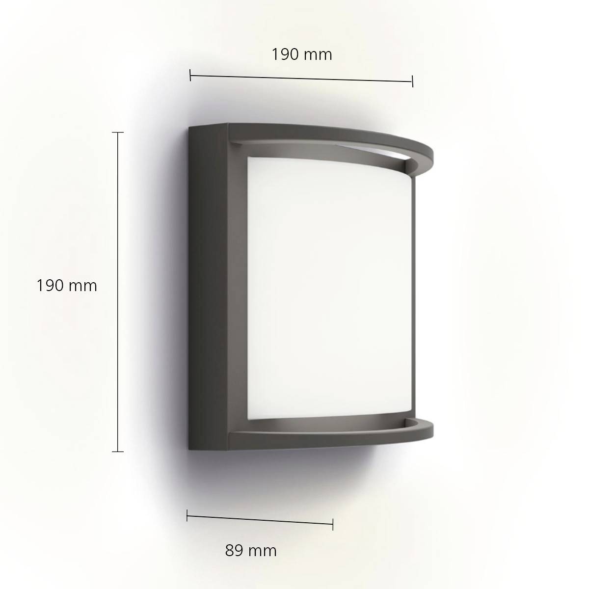 Wall light with dimensions: height 190 mm, width 89 mm. Rectangular shape, modern style, suitable for interior lighting.