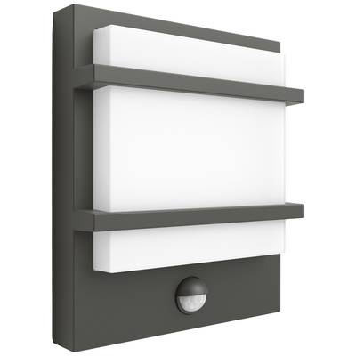 Black rectangular outdoor wall light with integrated motion sensor and white light diffuser between two horizontal struts.