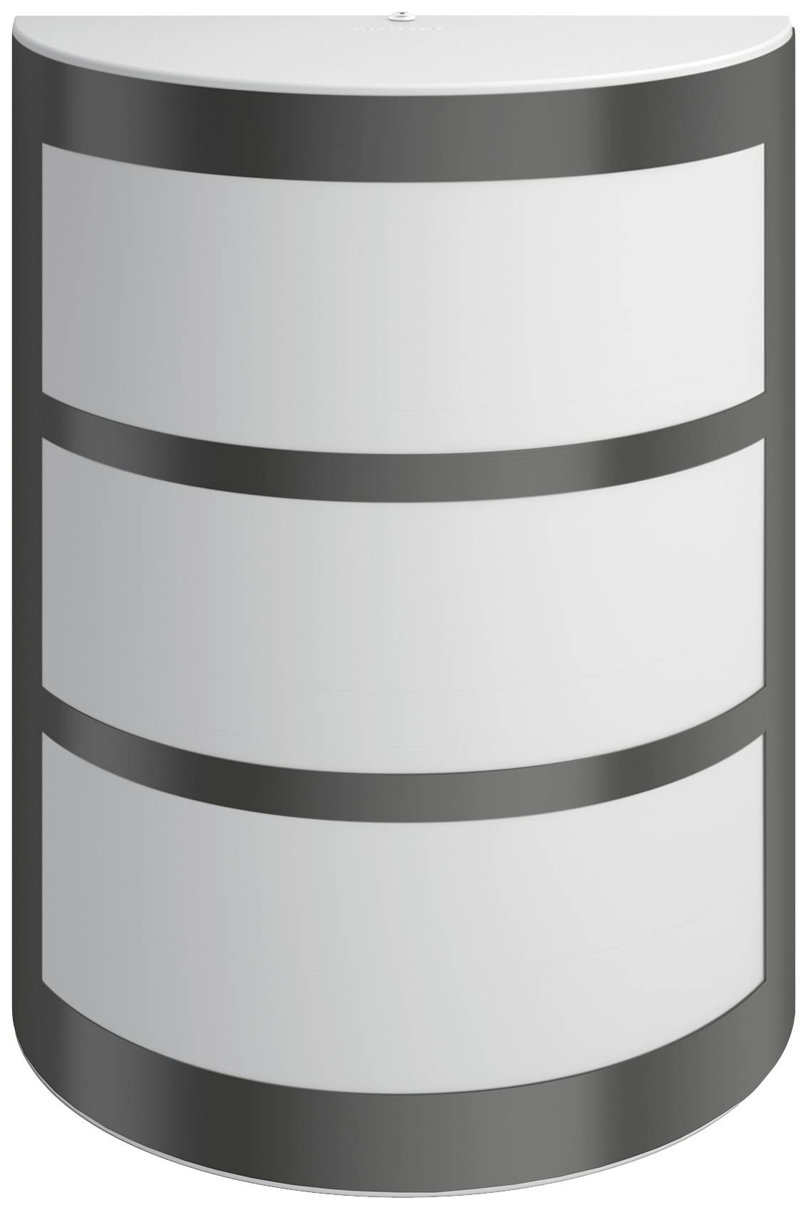 Metallic cylinder with three evenly distributed black stripes, reminiscent of a stylised barrel.