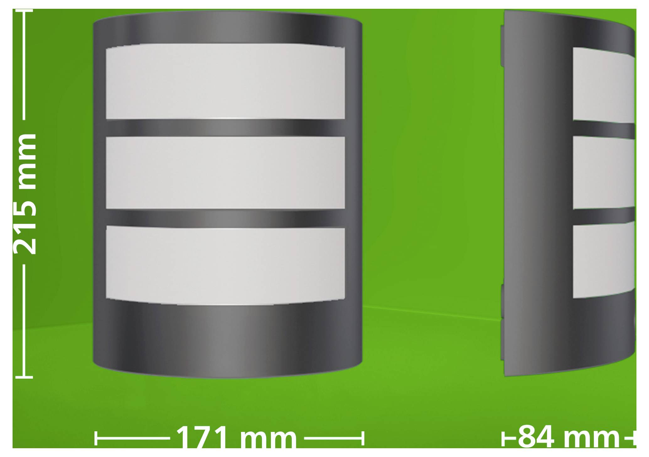 Two gray cylindrical objects on a green background, labeled 215 mm tall and 171 mm and 84 mm wide, showing size dimensions.