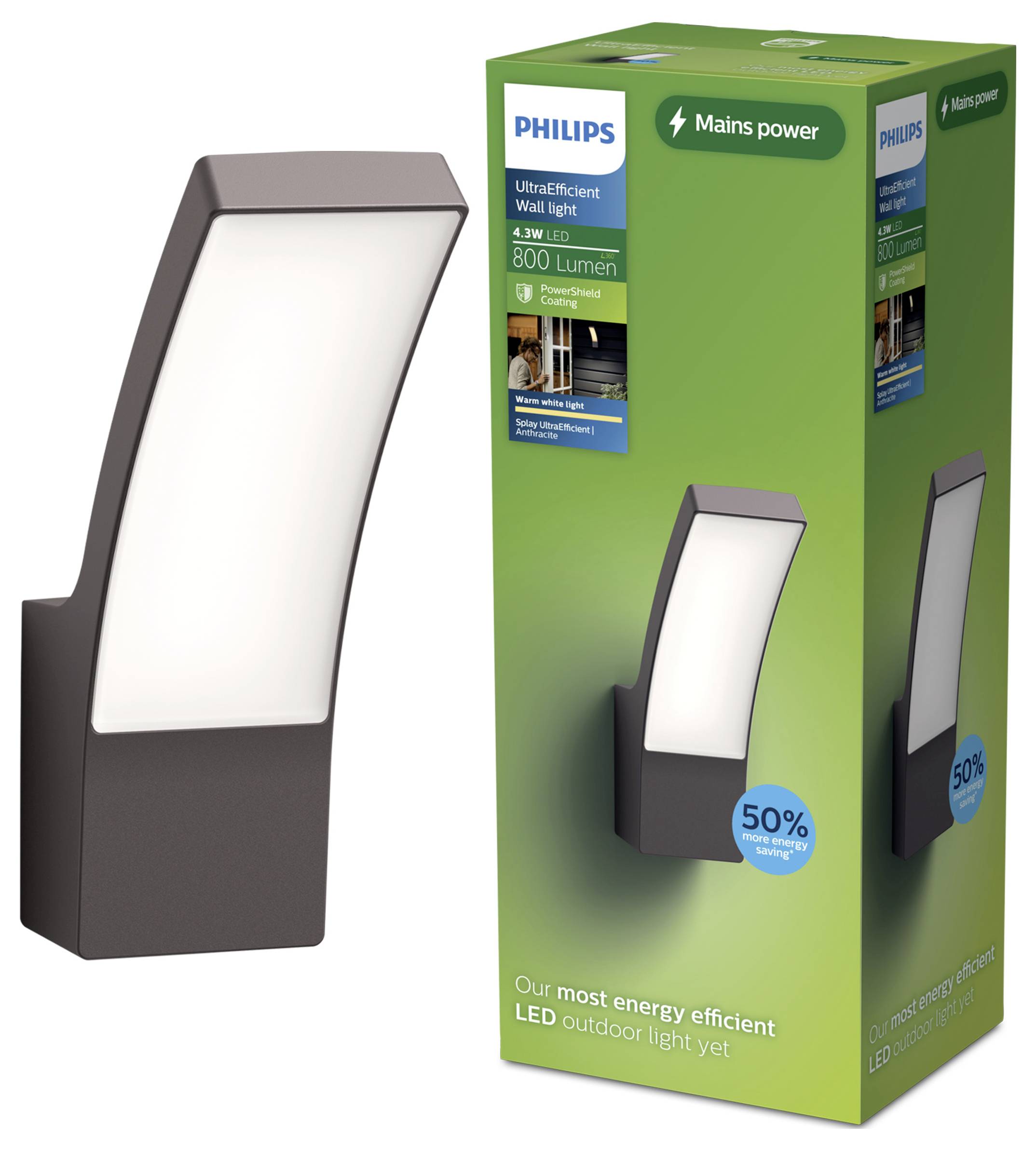 Philips UltraEfficient LED wall light with packaging, showing a modern black outdoor light and 'Mains power', '4.3W LED', '800 lumen' labels.