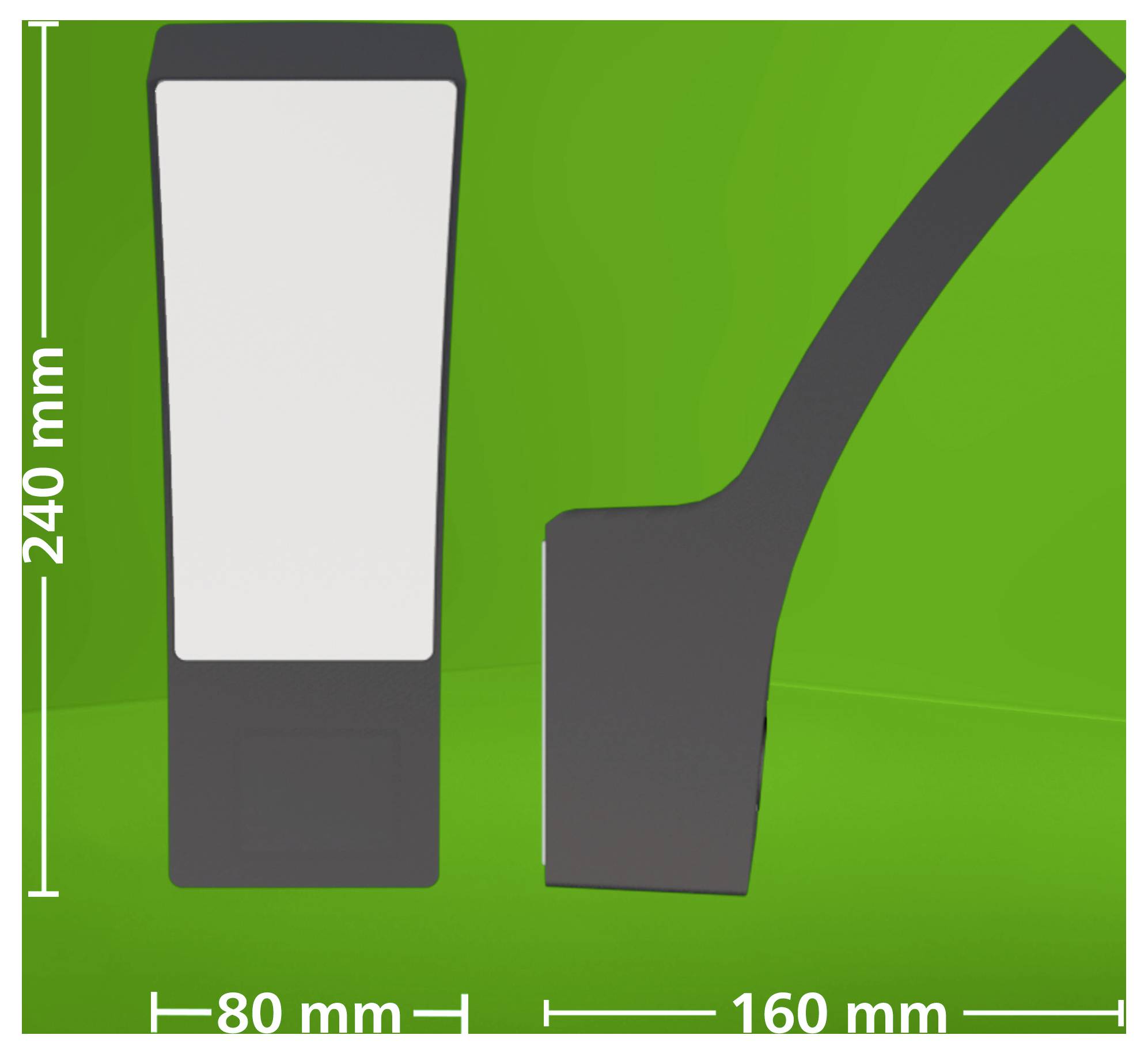Side and front views of a dark gray plastic component on a green background, labeled 240 mm tall, 80 mm wide, and 160 mm deep.