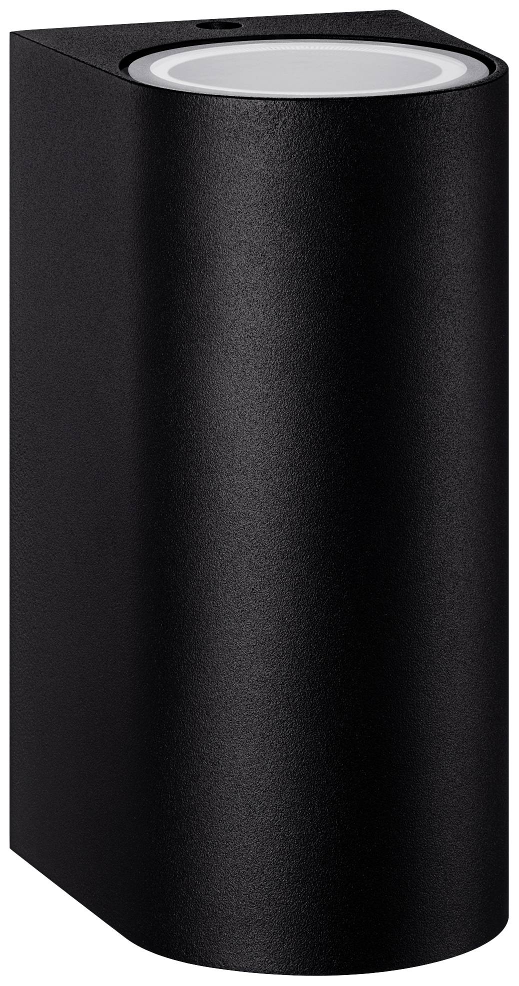 Black, cylindrical exterior wall light with two-sided light emission, for modern building illumination.
