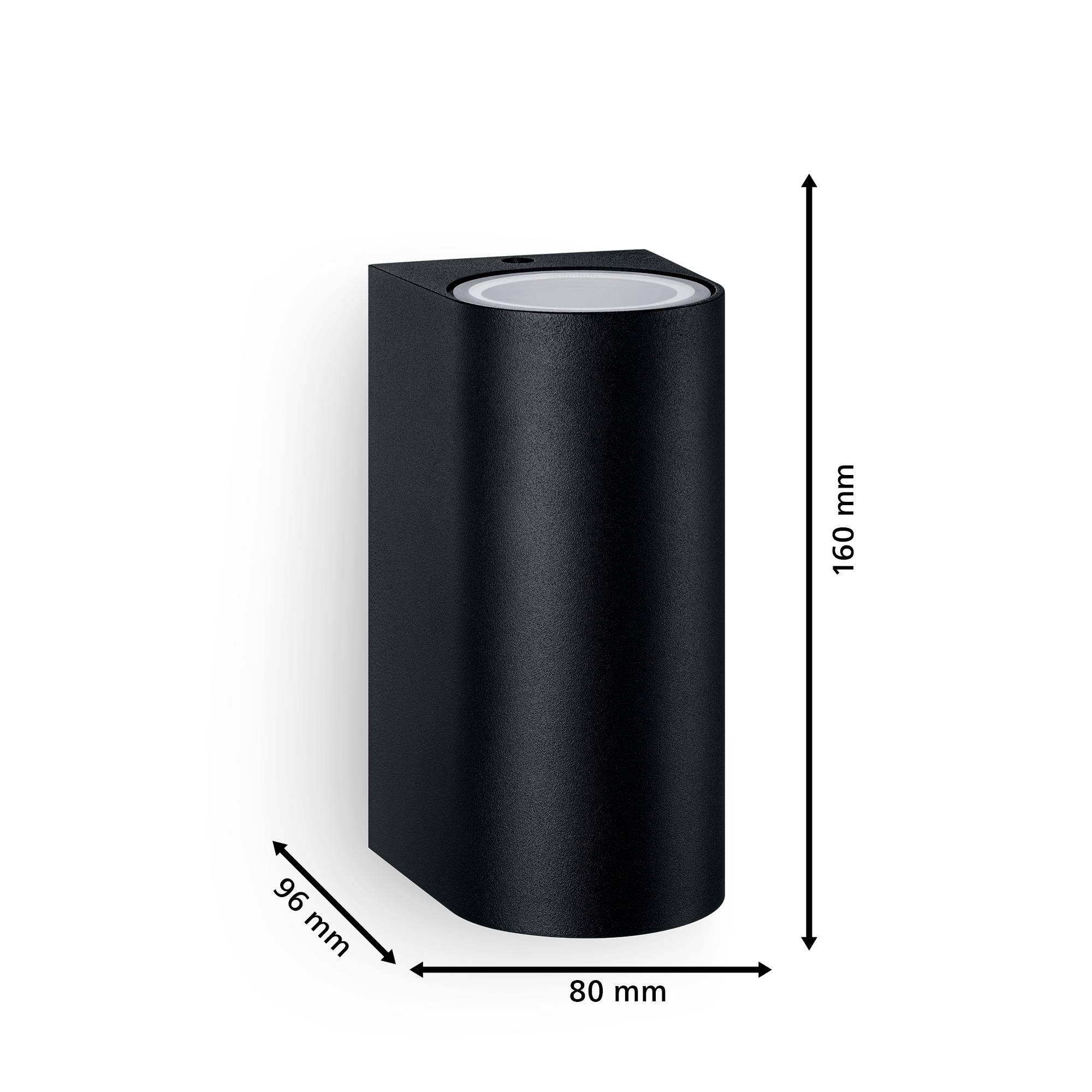 Black cylindrical lamp, 160 mm high, 80 mm wide, 96 mm deep.<br><br>(Note: This appears to already be in a language very close to British English, so the translation is minimal. The measurements and description remain the same.)