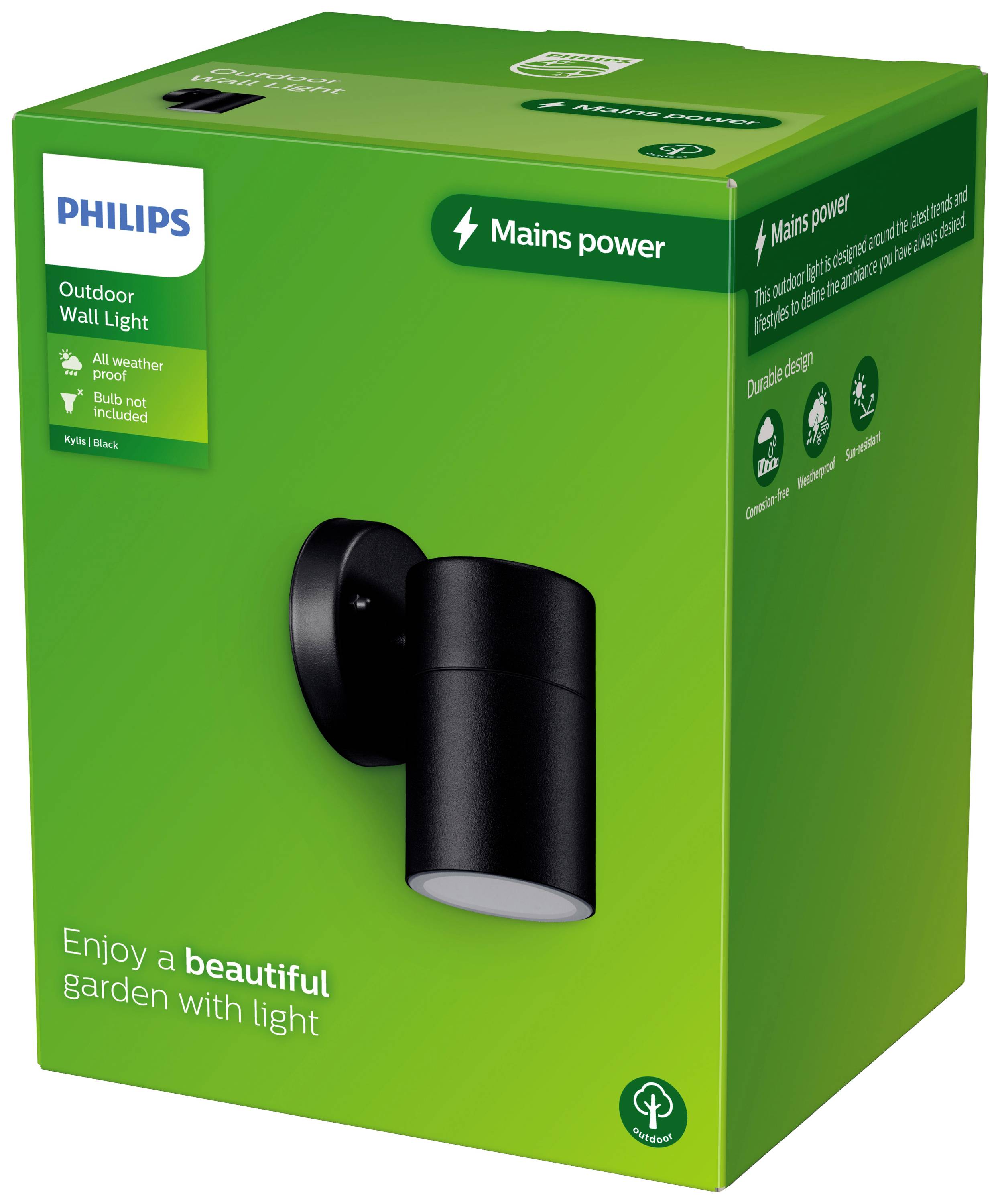 Here's the translation to British English:<br><br>Packaging of an exterior wall light by Philips. Text: 'Enjoy a beautiful garden with light'. Mains powered, bulb not included.
