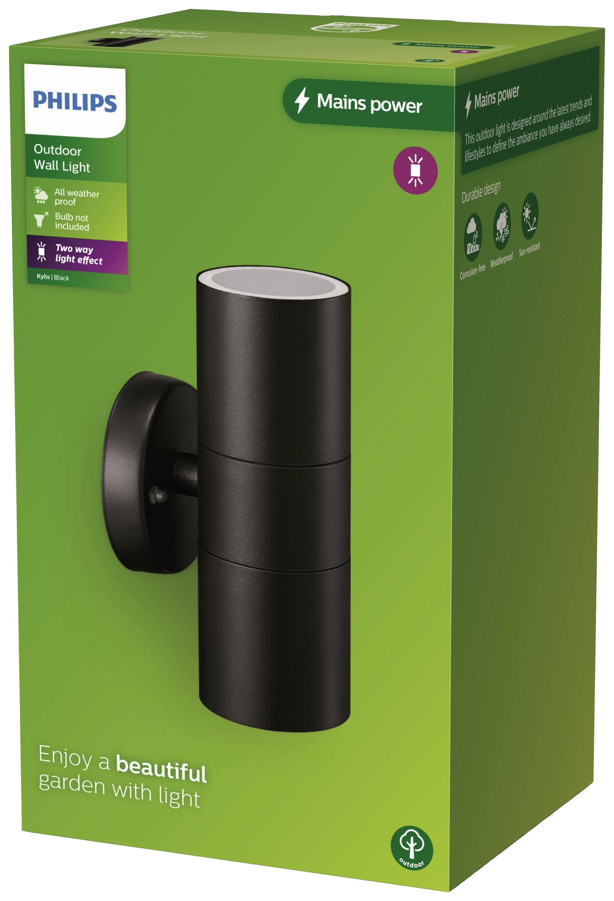 'Philips Outdoor Wall Light' Packaging, black cylindrical lamp, weatherproof, twin-headed, for beautiful garden illumination.