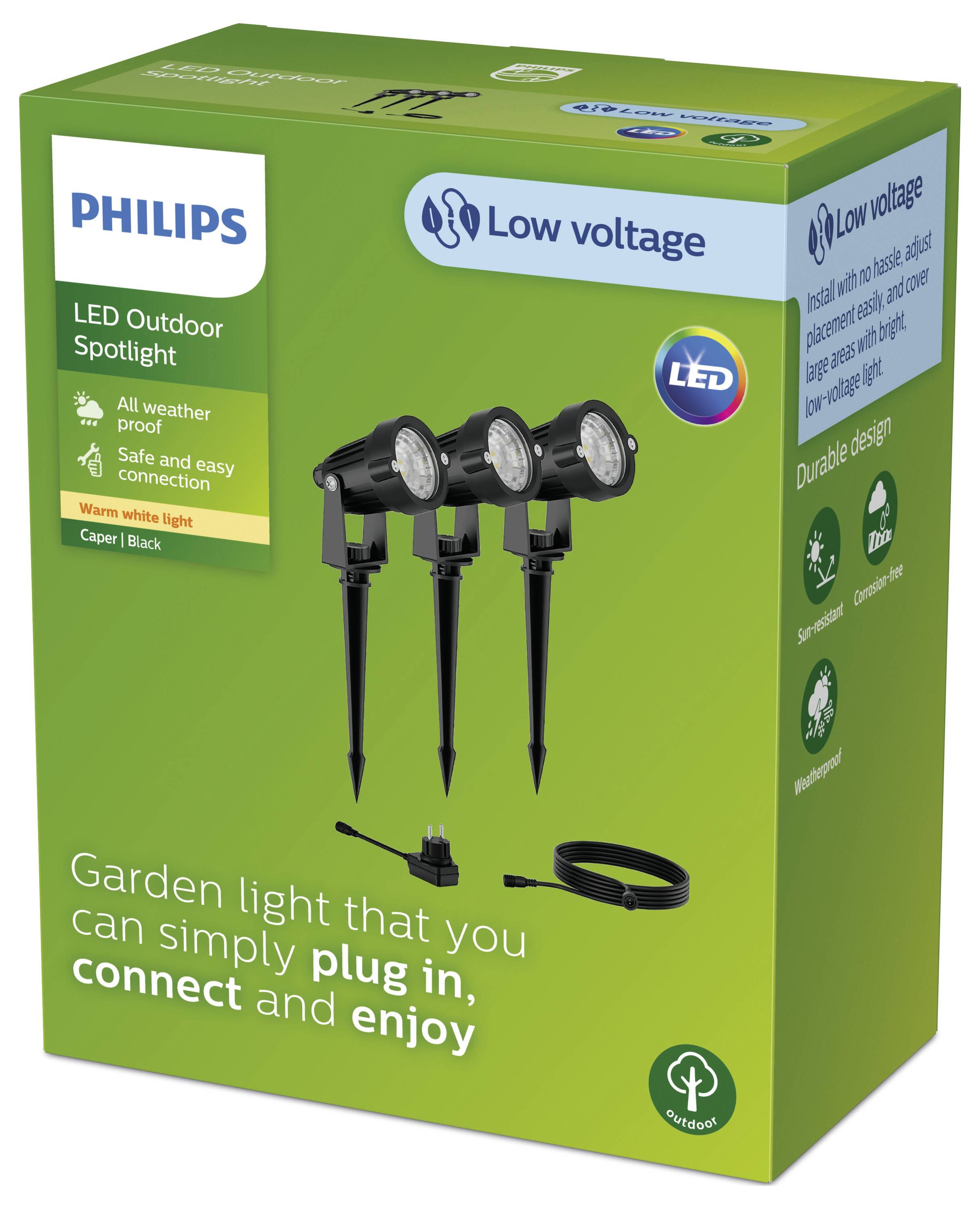 Philips LED Outdoor Spotlight Packaging. Shows three weatherproof LED lamps with ground stakes, cable, and the note 'Simply connect and enjoy'.