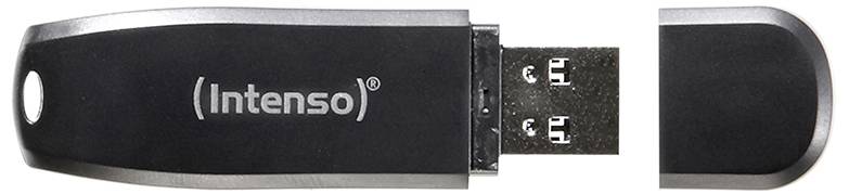 USB drive from Intenso with a black casing and metallic cap, partially removed to reveal the USB connection.