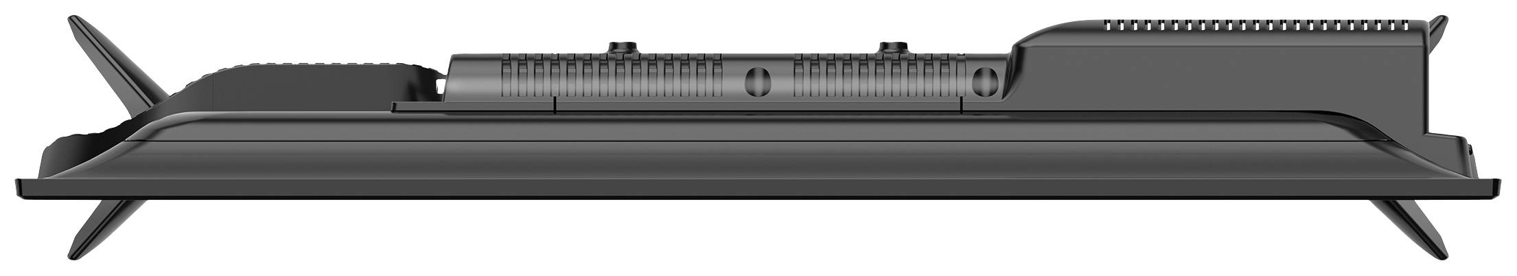 A sleek, black electronic device with a raised back and flat edges, viewed from the side.