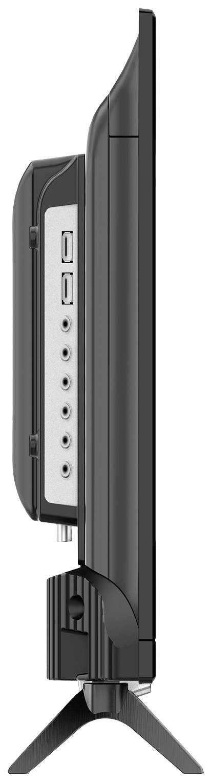 Side view of a flat-screen television on a stand, with multiple connection ports visible on the left-hand side.