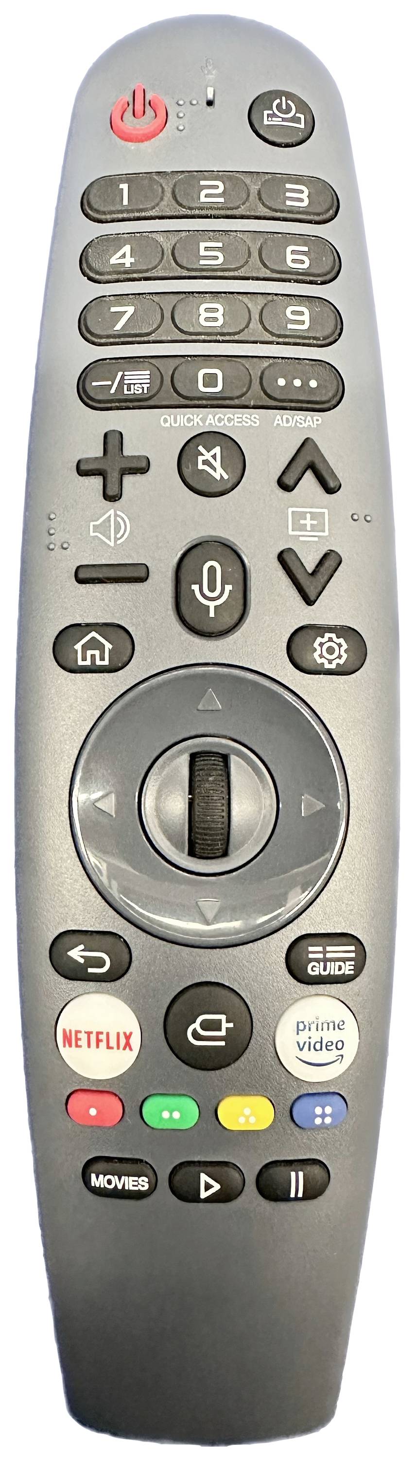 Remote control with buttons for numbers, volume, navigation, and streaming services such as Netflix and Prime Video. Contains microphone symbol.