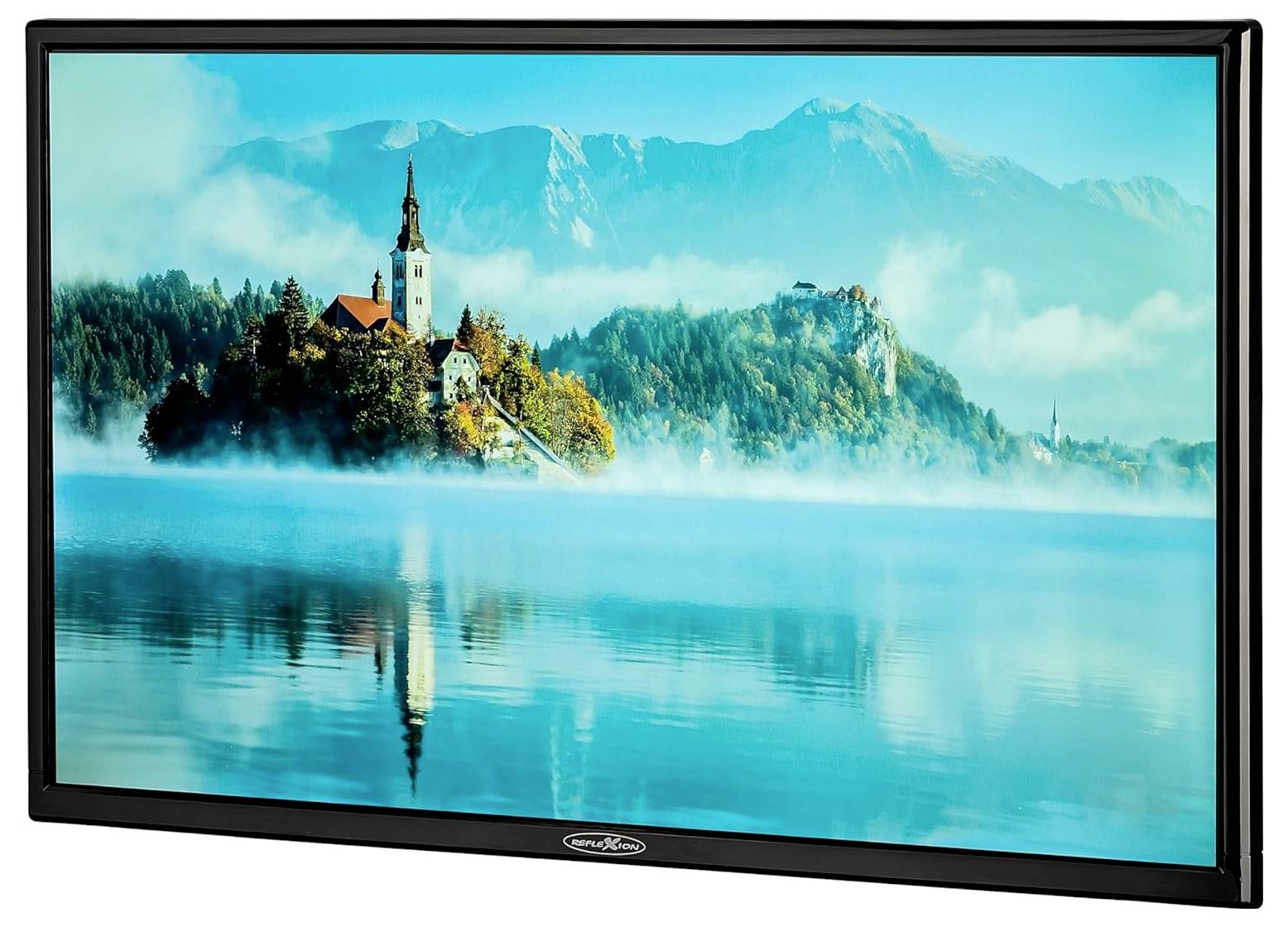 Flat-screen display shows a landscape with an island church in the turquoise-coloured lake and mountains in the background.