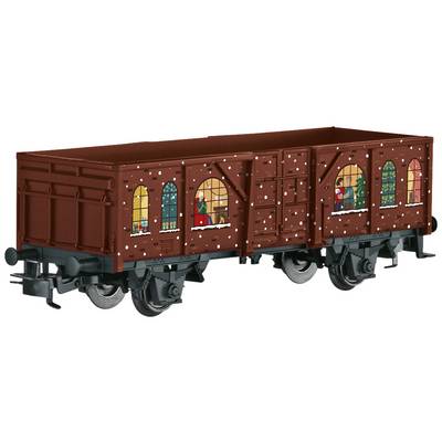 Brown model wagon with a snow pattern and painted windows depicting Christmas scenes.