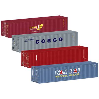 Four coloured freight containers with labels 'CARU', 'COSCO', 'TEX', and 'WAN HAI'. The containers are stacked and display various shipping lines.