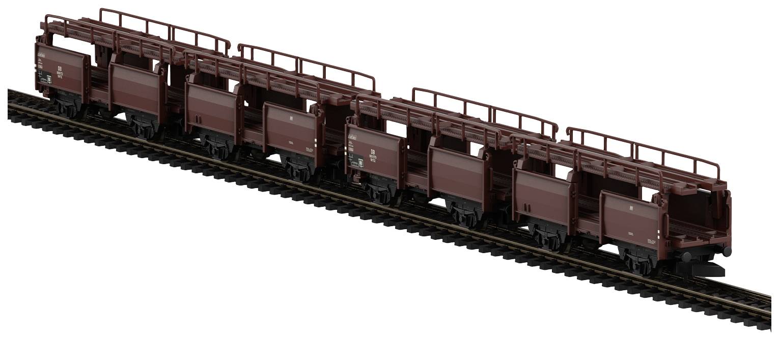 'Brown goods train on a track with multiple identical wagons and open cargo areas, depicted as a model toy.'