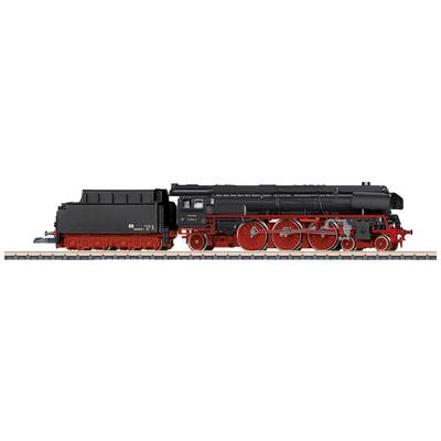 Black steam locomotive with red wheels and details on a railway track, side view.