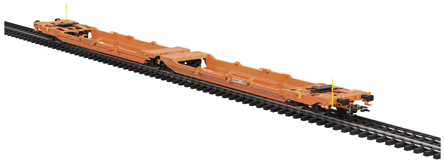Flat, orange-coloured goods wagon on railway tracks. Designed for transporting specialised cargo, supported by multiple axles.