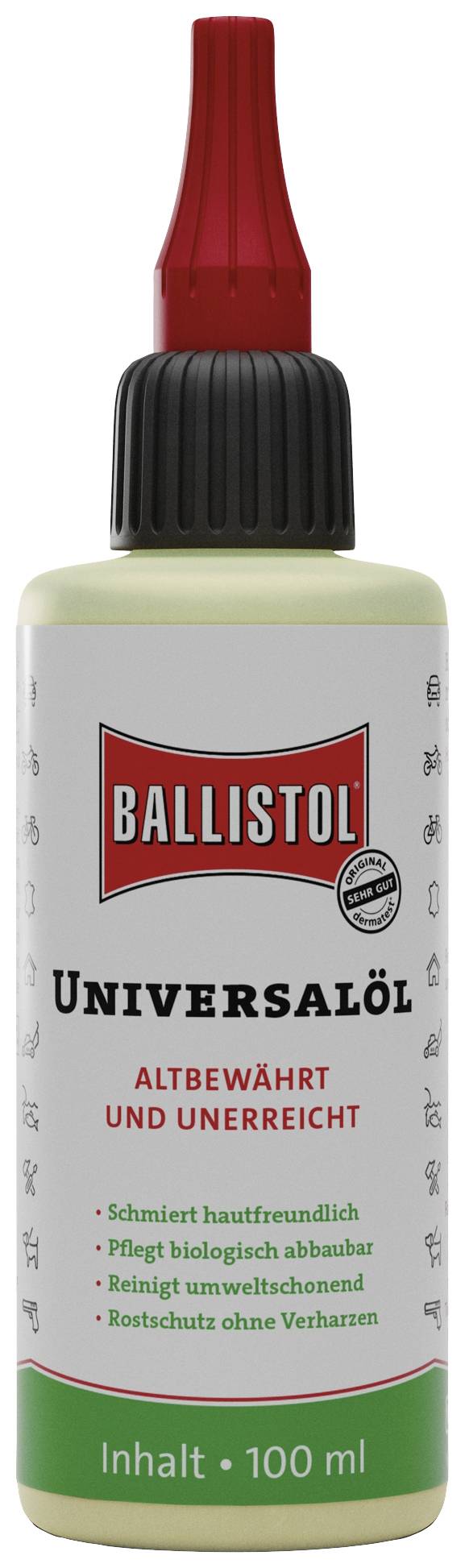 Bottle with red cap, label reading 'Ballistol Universal Oil, time-tested and unrivalled'. Contents: 100 ml. Kind to skin and environmentally friendly.