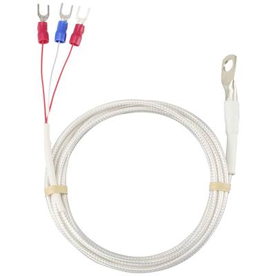 A white, braided cable with a metal connector at one end and three coloured cables (red, blue, red) with fork connectors.