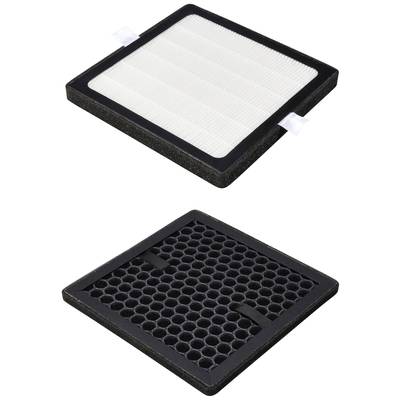 Two air filters: Above, a white HEPA filter with pleats; below, a black activated carbon filter with a honeycomb structure.