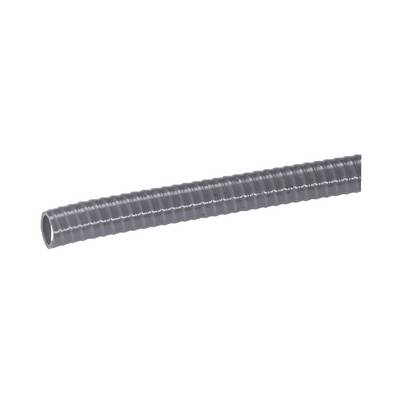 Grey, flexible conduit with a corrugated surface. Commonly used for cable routing in electrical installations.