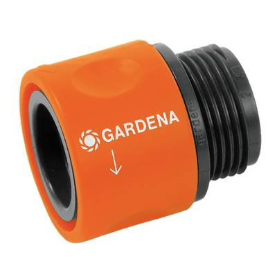 Orange Hose Connector from Gardena with a black connection. An arrow indicates the direction of water flow.