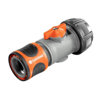 A Gardena-branded orange and grey garden hose connector with a valve is shown.