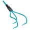 Blue garden hand cultivator with three prongs and black handle, used for loosening soil and removing weeds.