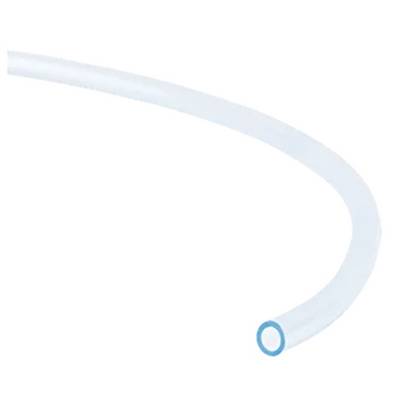 A transparent, slightly curved plastic tube photographed against a white background.