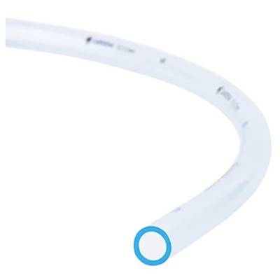 A curved, transparent plastic tube with a blue rim, positioned against a white background.