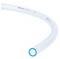 A curved, transparent plastic tube with a blue rim, positioned against a white background.