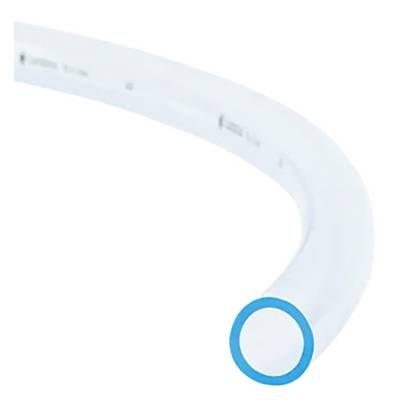A flexible, transparent tube with a blue edge, curved in an arc. Suitable for liquid transportation.