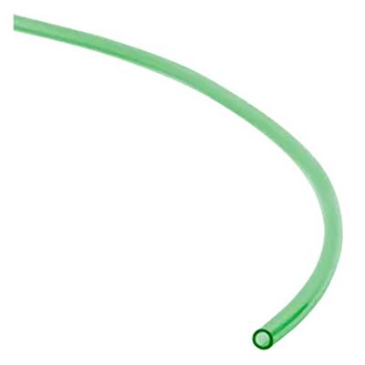 Green garden hose curved in an arc, isolated on a white background. No additional details or decorations visible.