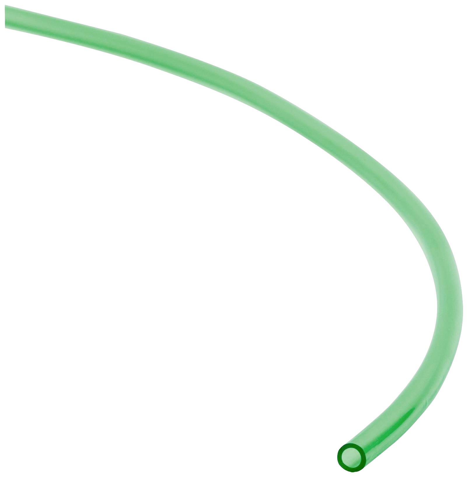 A green plastic hose, curved, on a white background. It is frequently used for garden irrigation or aquariums.