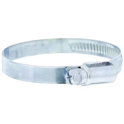 Metal hose clamp with screw mechanism, used for securing hoses to nipples or pipes, in close-up.