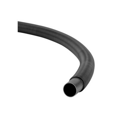 A flexible black corrugated hose shows a curved path.