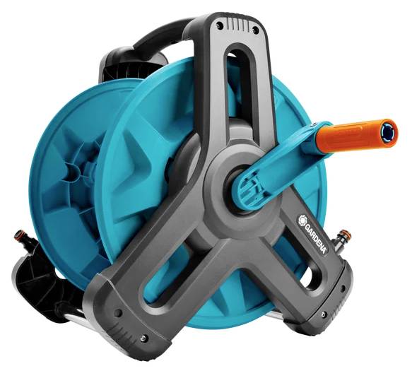 A blue and gray garden hose reel with an orange nozzle, designed for portable and convenient storage of garden hoses.